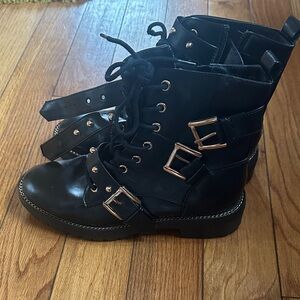 Punk style Black Ankle Boots with Gold Buckles